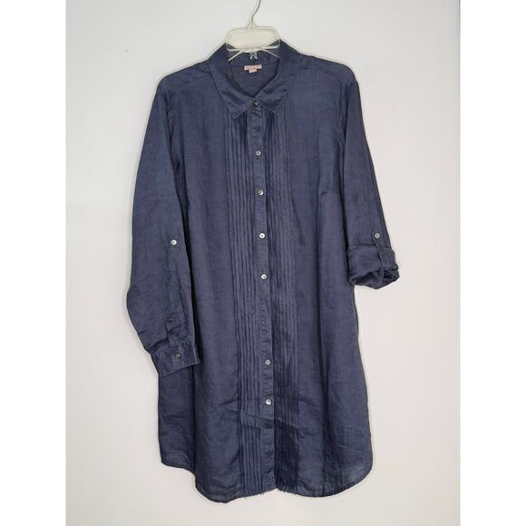 J.Jill Dresses & Skirts - J.Jill Linen Blue Pin-tuck Roll-tab Sleeve Mini Shirt Dress Sz 1 X Plus